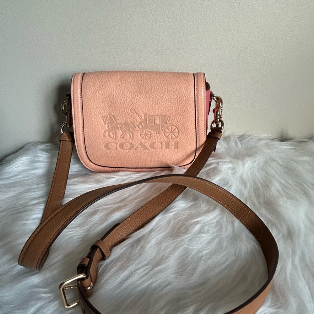 Coach Saddle Bag Pink Tan Pebbled Leather Crossbody Bag Excellent - Picture 3 of 11